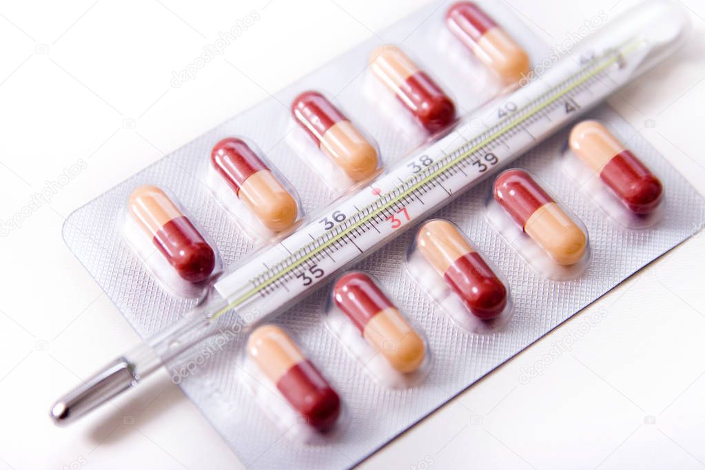 Thermometer Pills, Tablet Capsule and Pill, Pharmacy Medicine Concept