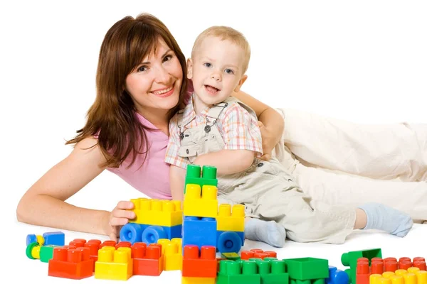 Mother and Baby Toys, Happy Family Playing Building Blocks Toy, Woman and Child — Stock Photo, Image