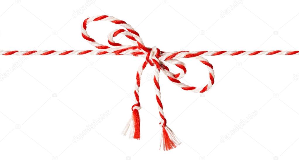 White Red Rope Bow, Twine Ribbon Tied Knot, White Isolated