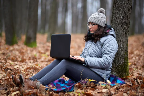 Mujer de negocios utilizando el ordenador portátil en el bosque — Foto de Stock