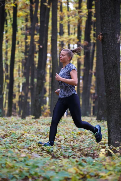 Donna sportiva che corre nella foresta — Foto Stock