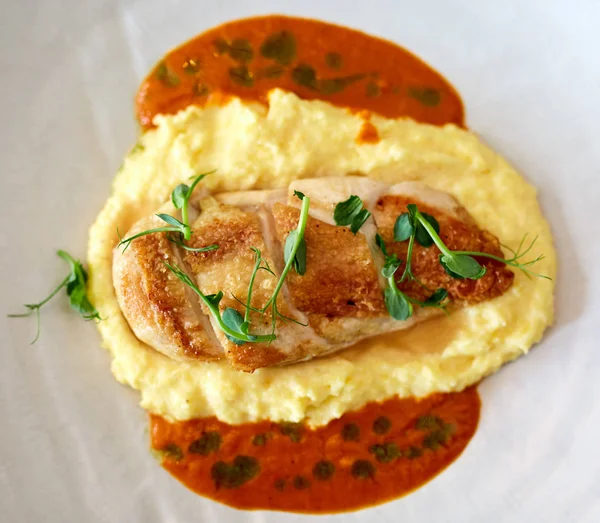 Chicken breast with mashed potatoes and sauce — Stock Photo, Image