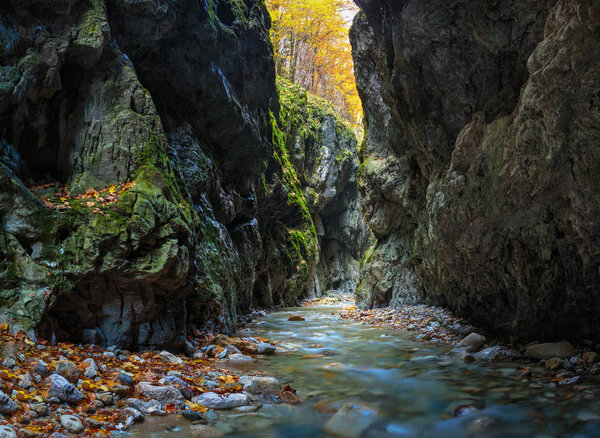 Autumnal panorama of a river in a gorge