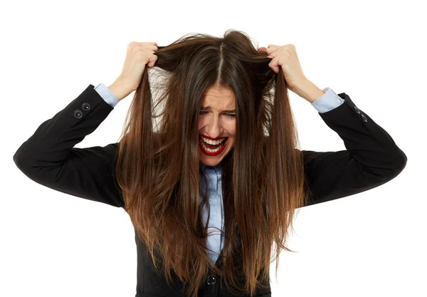 Mulher de negócios puxando o cabelo — Fotografia de Stock