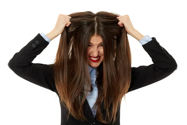 Mulher de negócios puxando o cabelo — Fotografia de Stock