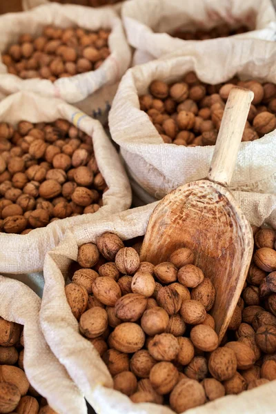 Sacks of walnuts after harvest — Stock Photo, Image