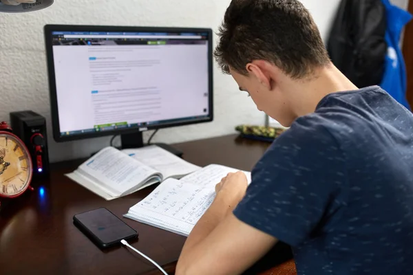 Adolescente fazendo lição de casa com computador — Fotografia de Stock