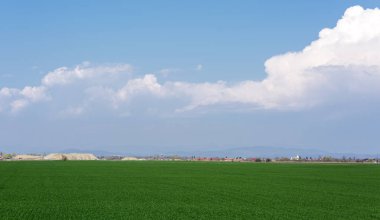 Bulutlar ve gökyüzü ile çim sahası