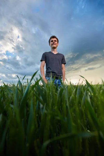 Adolescent debout dans le champ de blé — Photo