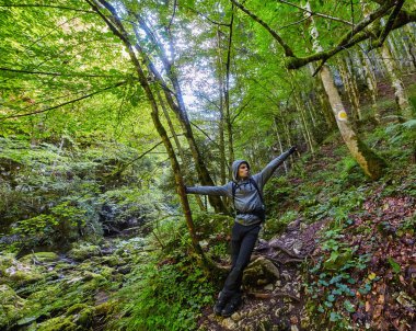 Genç çocuk orman iz hiking 