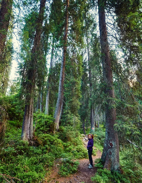 Женщина-туристка в лесу — стоковое фото