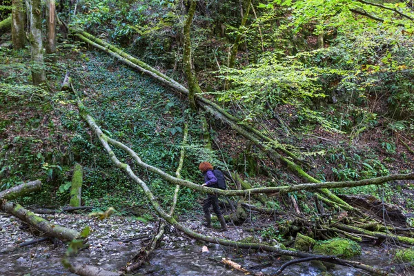 Wanderin mit Rucksack — Stockfoto