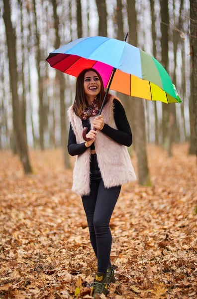 Kvinna Med Färgglada Paraply Promenader Genom Skogen — Stockfoto