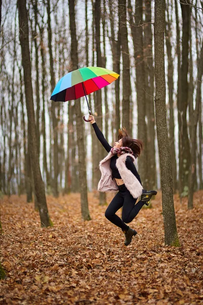 Renkli Şemsiye Güçlü Rüzgarla Sürüklenen Kadınla Telifsiz Stok Fotoğraflar