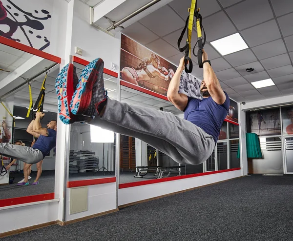 Fit Man Working Suspension Straps Gym — Stock Photo, Image