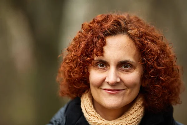 Closeup Curly Red Haired Middle Aged Woman Outdoor — Stock Photo, Image