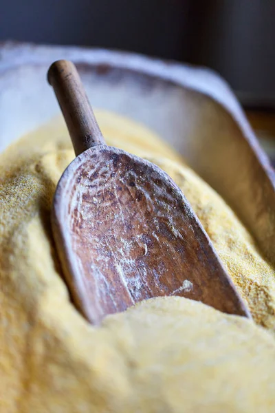 Wooden Ladle Trough Corn Flour — Stock Photo, Image
