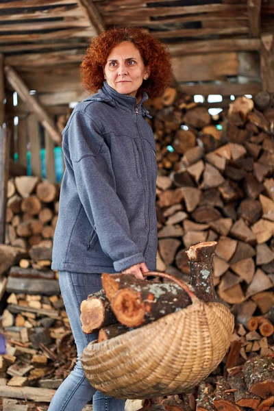Landsbygdens Kaukasisk Kvinna Med Korg Full Ved — Stockfoto
