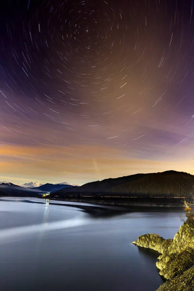 Imagem Exposição Longa Paisagem Orientada Estrelas Polaris Inverno — Fotografia de Stock