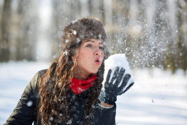 Porträtt Vacker Ung Kvinna Snöig Skog — Stockfoto