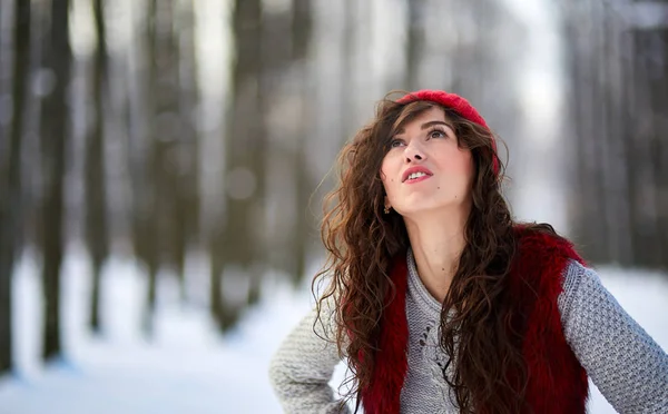 Retrato Bela Jovem Mulher Floresta Nevada — Fotografia de Stock