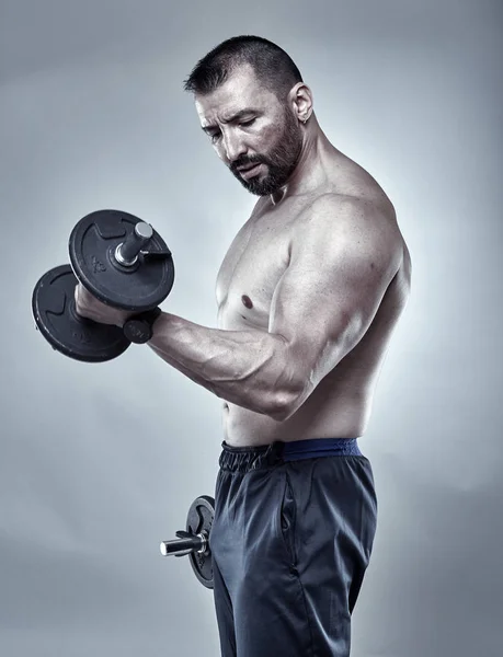 Mature Fit Man Working Dumbbells — Stock Photo, Image
