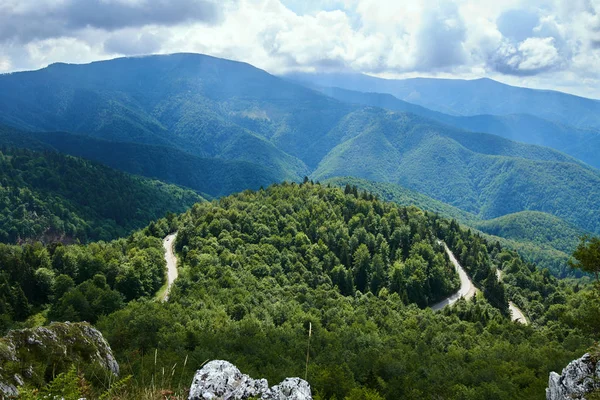 Aerial View Mountains Covered Forests Winding Road — Stock Photo, Image