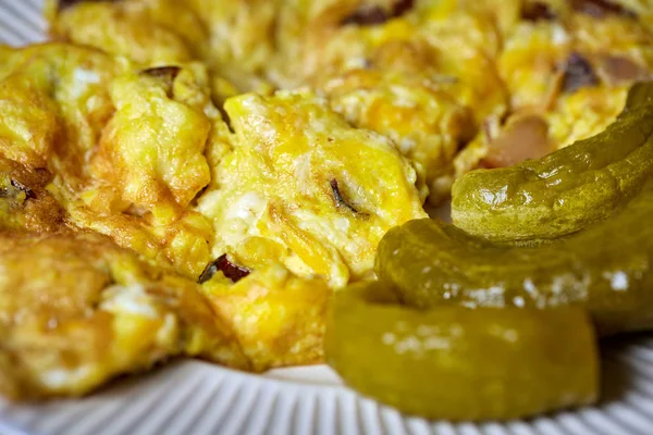 Closeup Fried Scrambled Eggs Ham Pickles White Plate — Stock Photo, Image