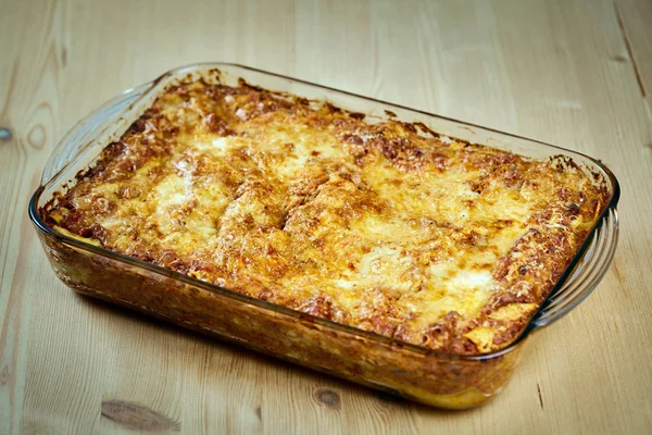 Closeup Homemade Italian Lasagna Cheese Crust Glass Dish — Stock Photo, Image