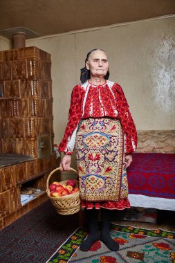 Sepet elma dolu tutan geleneksel kostüm giyen yaşlı çiftçi kadın