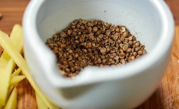 Oregano Seeds Crushed Mortar Closeup Shot — Stock Photo, Image