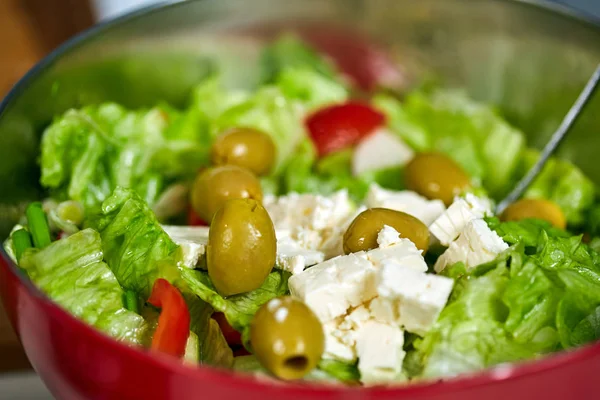 Greek Salad Iceberg Lettuce Olives Feta Cheese Condiments — Stock Photo, Image