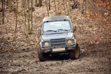 İki küçük eski off-road araç gündüz sonbahar orman çamura geçmekte erkeklerde
