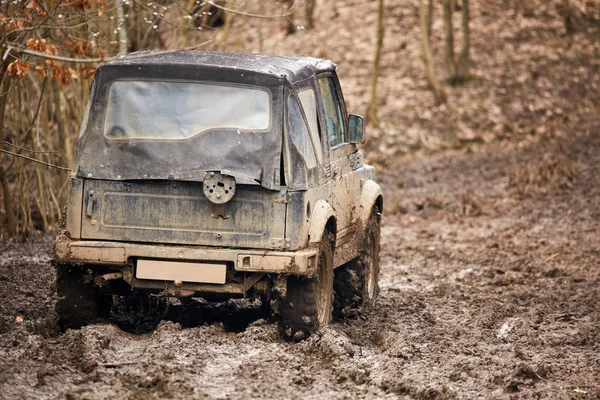森の泥を通過の小さい古いオフロード車 — ストック写真