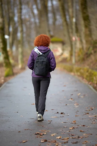 Achteraanzicht Van Roodharige Vrouw Met Rugzak Wandelen Het Park — Stockfoto