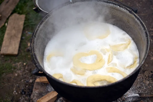 Bovenaanzicht Van Het Koken Van Zelfgemaakte Bagels Platteland — Stockfoto