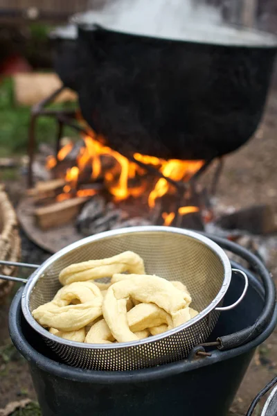 Detailoverzicht Van Zelfgemaakte Bagels Vergiet Platteland — Stockfoto