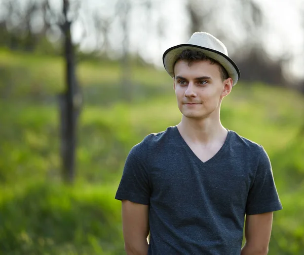 Closeup Portrait Handsome Young Man Wearing Shirt Beige Hat Countryside — Stock Photo, Image