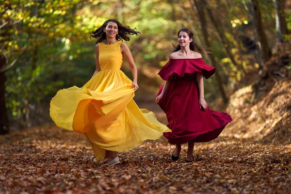 Deux Filles Robe Longue Dans Forêt — Photo