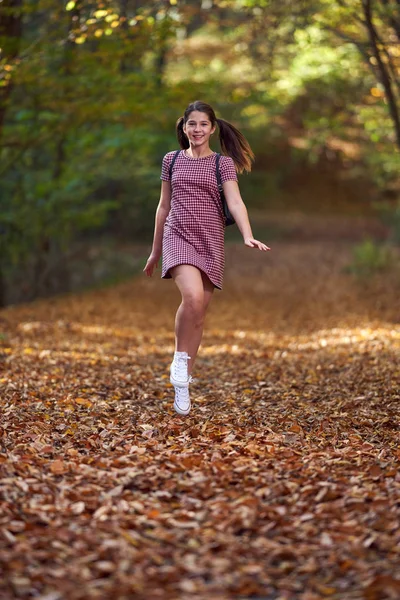 Porträtt Söt Skolflicka Som Vandrar Skogen Hösten — Stockfoto