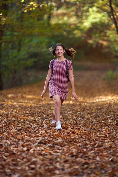 一个可爱的女学生秋天在森林里散步的画像 — 图库照片