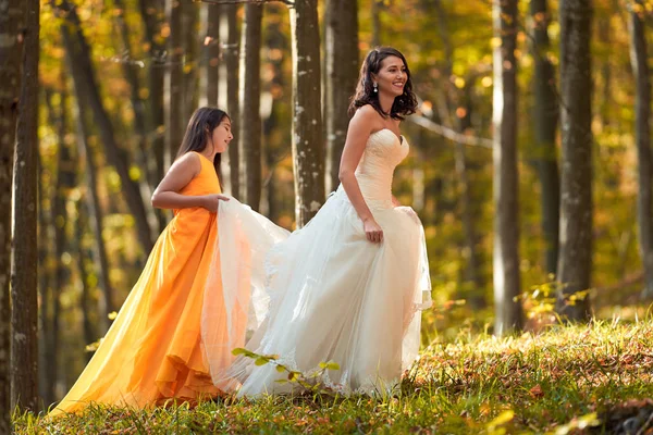 美丽的新娘和她的伴娘在森林里 — 图库照片