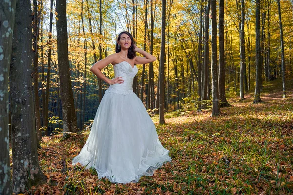 Retrato Sincero Uma Noiva Bonita Seu Vestido Noiva Floresta — Fotografia de Stock