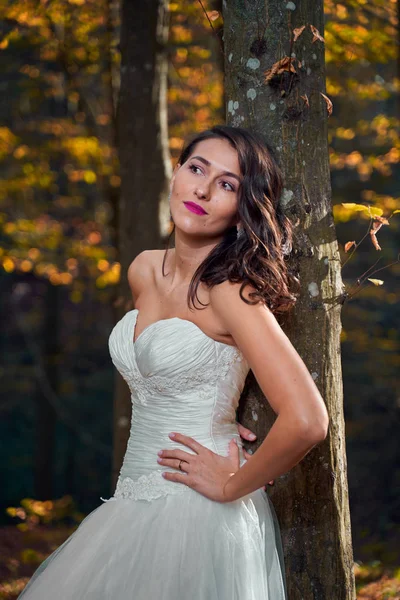 Retrato Franco Una Hermosa Novia Vestido Novia Bosque — Foto de Stock