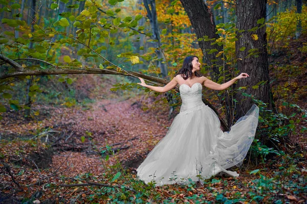 Portrait Franc Une Belle Mariée Dans Robe Mariée Dans Forêt — Photo