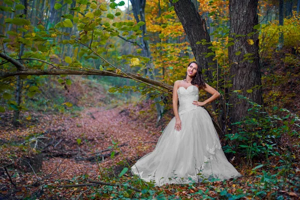 Retrato Sincero Uma Noiva Bonita Seu Vestido Noiva Floresta — Fotografia de Stock