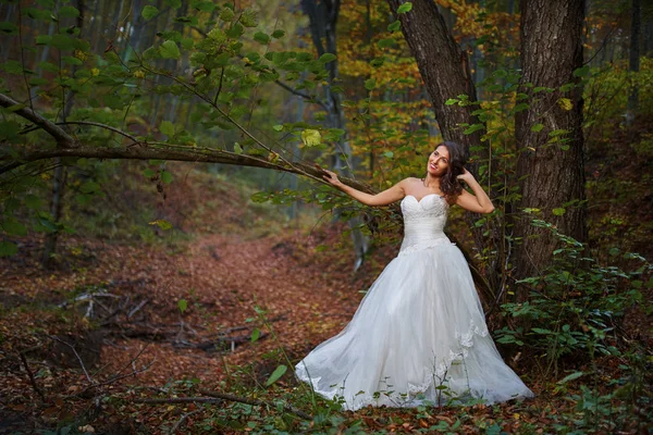 Retrato Sincero Uma Noiva Bonita Seu Vestido Noiva Floresta — Fotografia de Stock