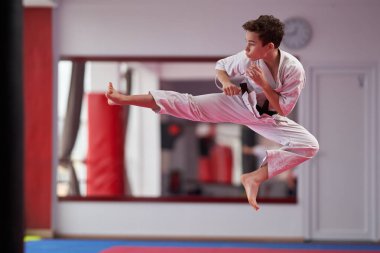 Young boy karate practitioner executing a kata clipart