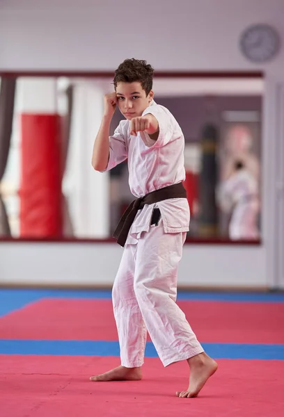 Ung Pojke Karate Utövare Som Utför Kata — Stockfoto