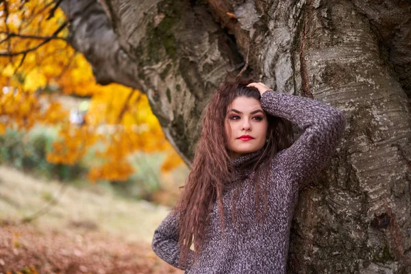 Портрет Красивой Латиноамериканской Молодой Женщины Осеннем Лесу — стоковое фото